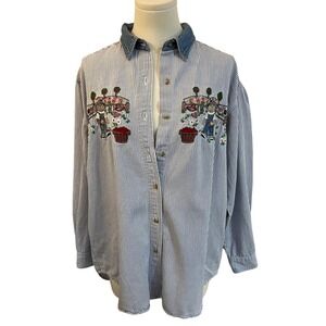 Vintage Lets Quiz Again Cotton Embroidered Bear Button Down Shirt L